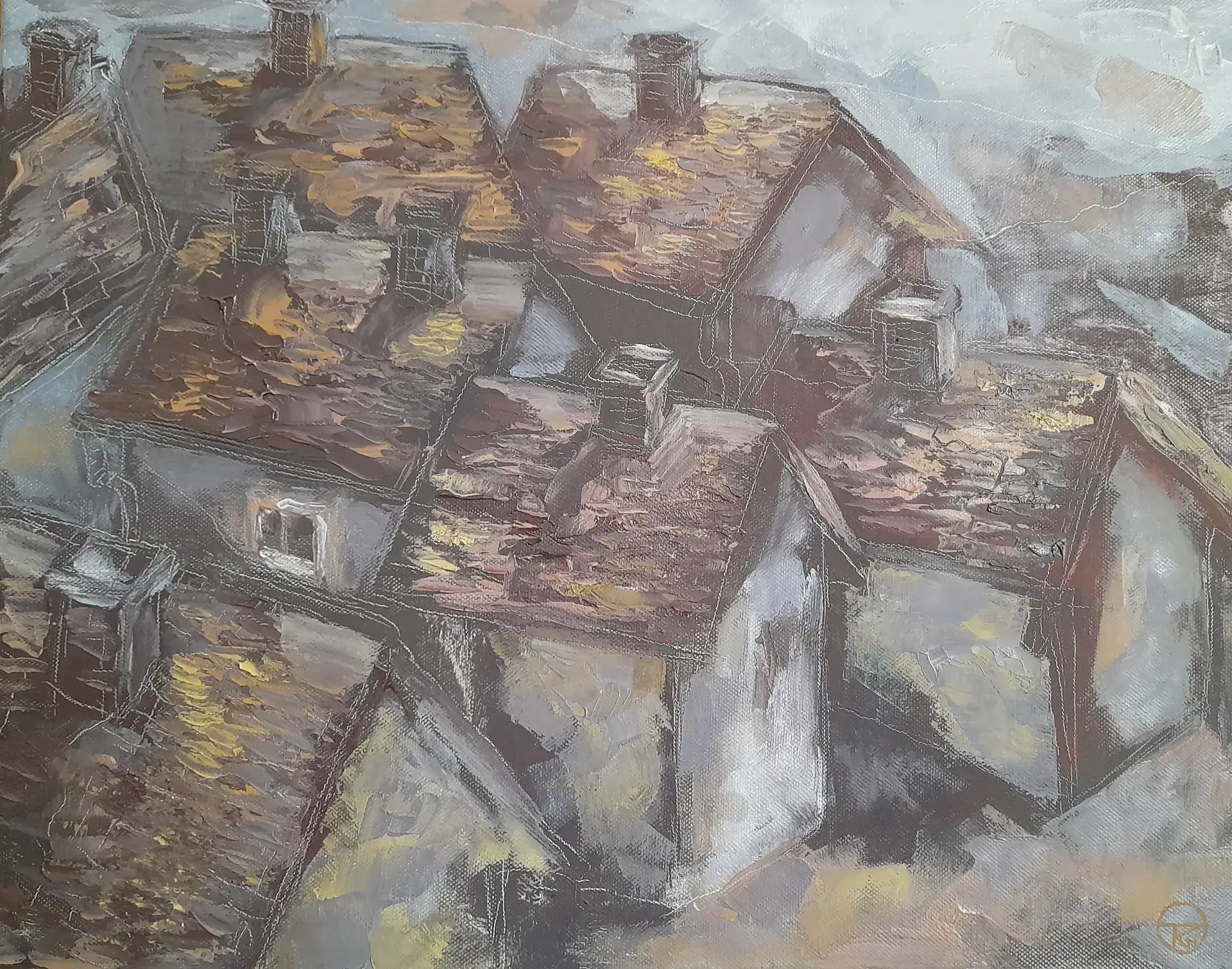 Hajnali háztetők, olaj, vászon 40x50 cm 2016